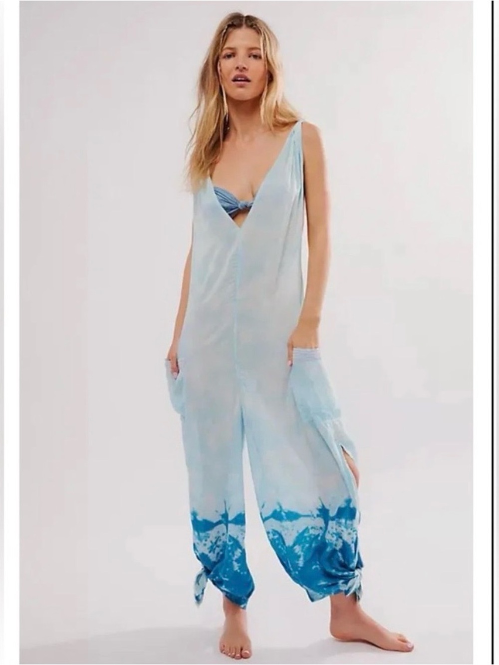 NEW Free People Light Blue to Deep Blue Tie-Dye Swim Coverup Jumpsuit